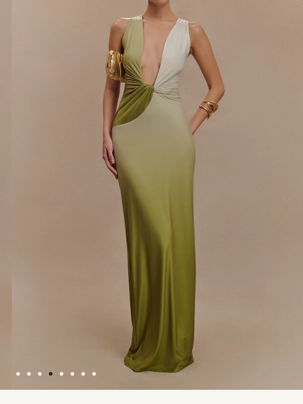 Meshki 2-Tone Olive & Cream Twist-Front Maxi Dress